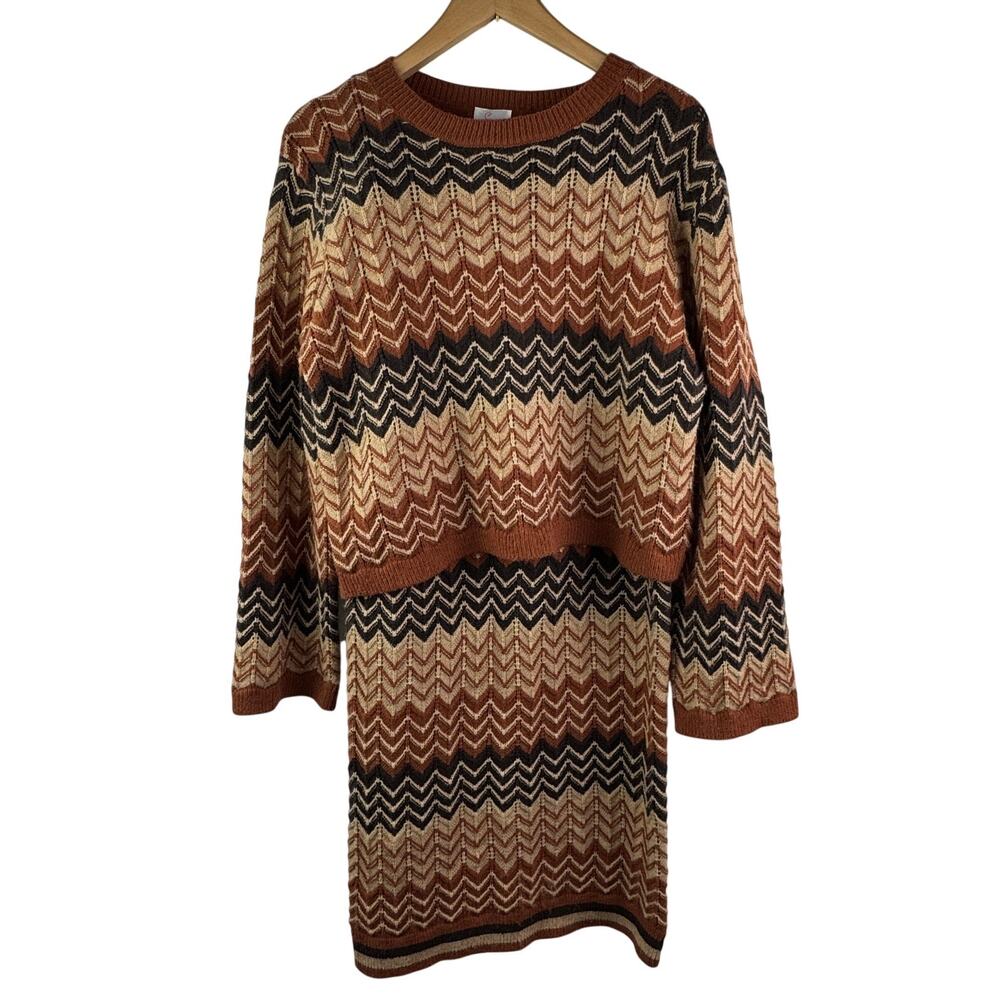 SO ME Brown Beige Sweater Midi Skirt Set Stretch Ribbed Knit Chevron M Medium